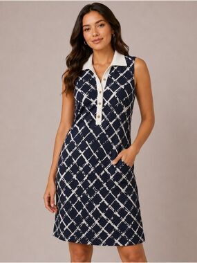 Vince Camuto Navy Blue White Geometric Grid Polo Dress Size 2 Preppy Athleisure